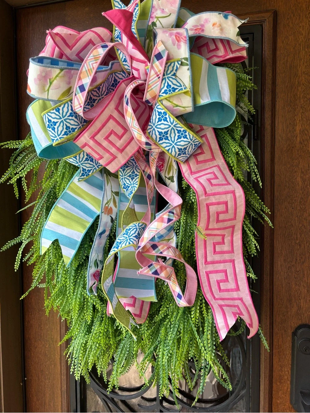 Spring Greenery Door Swag with Pink & Blue Ribbon